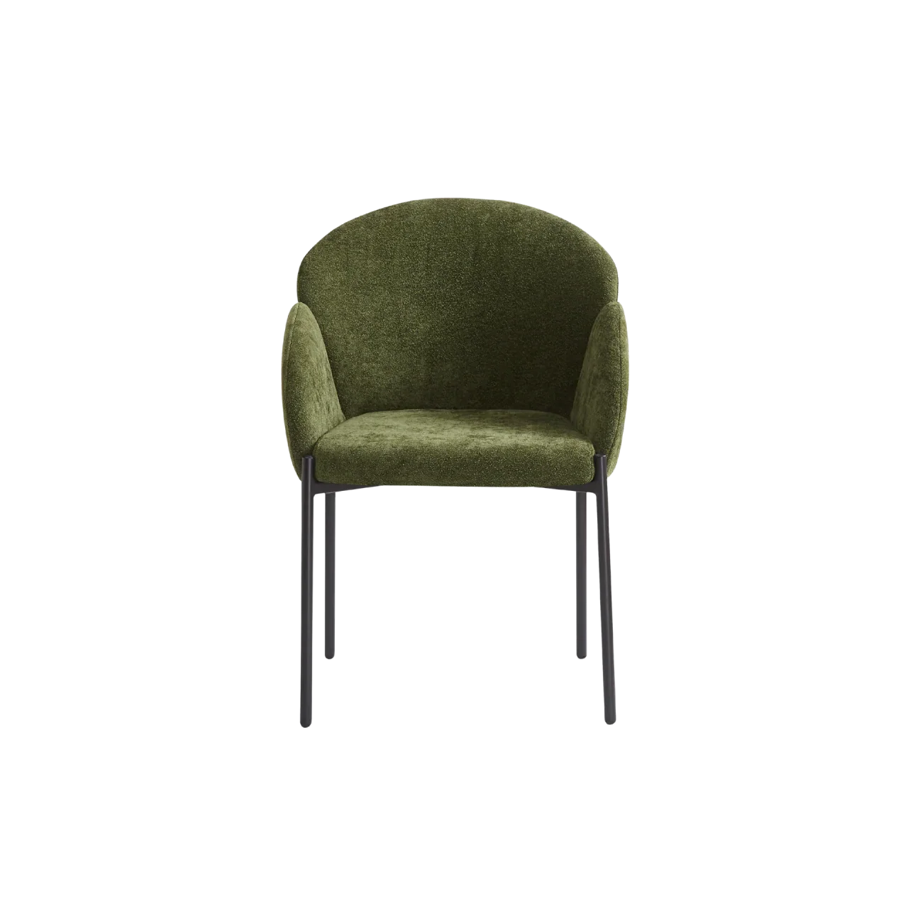 green velvet upholstered armchair with curved back and black metal legs, modern luxury design