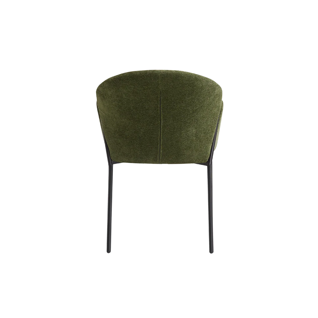 Modern green upholstered accent chair with rounded back and slim black legs, rear view