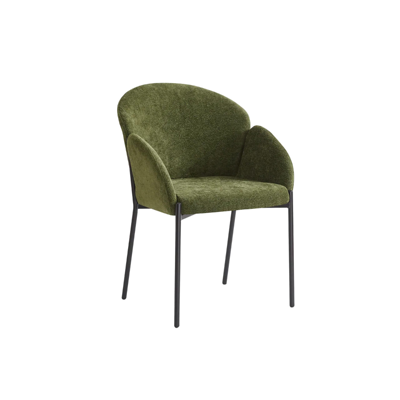 Green velvet upholstered armchair with curved back and black metal legs, luxury furniture