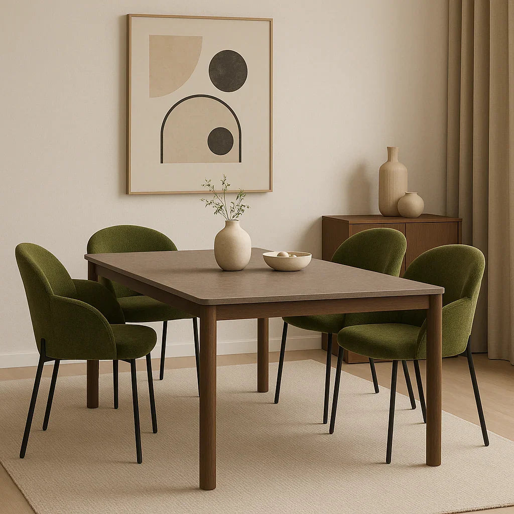 Modern dining room with olive green upholstered chairs and wooden table on beige rug